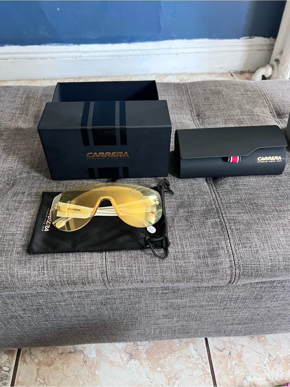 Carrera Yellow Shield Lens Sunglasses with Case and Pouch